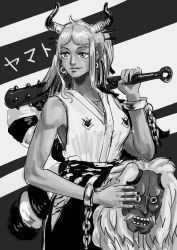 Rule 34 | 1girl, absurdres, club (weapon), cuffs, highres, horns, japanese clothes, monochrome, one piece, ponytail, shackles, spoilers, weapon, yamato (one piece)