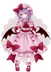 Rule 34 | 1girl, adapted costume, arm at side, ascot, back bow, bat wings, blue hair, blush, bow, bow skirt, center frills, clenched hand, closed mouth, commentary, eyelashes, eyes visible through hair, frilled wrist cuffs, frills, full body, gem, green ribbon, hair between eyes, hand up, happy, hat, hat bow, head tilt, highres, huge bow, jaku sono, long skirt, looking at viewer, mary janes, medium hair, mob cap, pink hat, pink shirt, pink skirt, pink socks, puffy short sleeves, puffy sleeves, red ascot, red bow, red eyes, red footwear, red gemstone, red wrist cuffs, remilia scarlet, ribbon, shirt, shoes, short sleeves, sidelocks, signature, simple background, skirt, sleeve bow, smile, socks, solo, sparkle, standing, touhou, wavy hair, white background, wings, wrist cuffs