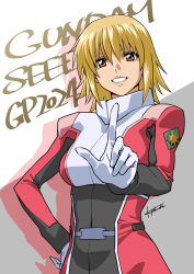 Rule 34 | 1girl, 2024, absurdres, bad tag, blonde hair, cagalli yula athha, copyright name, gundam, gundam seed, gundam seed freedom, hand on own hip, highres, looking at viewer, pilot suit, pointing, pointing up, short hair, signature, smile, solo, tokuoka kouhei, yellow eyes
