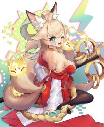 Rule 34 | 1girl, animal ear fluff, animal ears, artist request, bare shoulders, black pantyhose, blonde hair, blue eyes, blush, breasts, clothing cutout, electricity, fang, fox ears, fox tail, full body, hair flaps, hair rings, highres, inaho (world flipper), looking at viewer, looking back, medium breasts, medium hair, multiple tails, one eye closed, open mouth, pantyhose, rope, shimenawa, sideboob, sitting, smile, solo, staff, tail, tail through clothes, thick eyebrows, wariza, world flipper