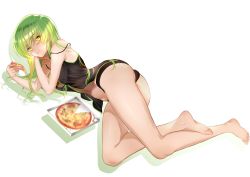 Rule 34 | 1girl, alternate costume, babydoll, barefoot, black babydoll, black panties, breasts, c.c., cleavage, code geass, fingernails, food, from above, from side, full body, green hair, green ribbon, groin, hair between eyes, head rest, highres, holding, holding food, legs together, lingerie, long fingernails, long hair, looking at viewer, lying, medium breasts, midriff, navel, negligee, on side, panties, pizza, pizza slice, ribbon, simple background, soles, solo, stomach, thighs, underwear, underwear only, very long hair, white background, yellow eyes, zasshu
