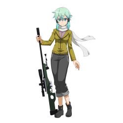 Rule 34 | 1girl, ai arctic warfare, black footwear, bolt action, boots, full body, gun, hair between eyes, hair ornament, hairclip, highres, looking at viewer, official art, pants, rifle, scarf, sinon, smile, sniper rifle, solo, standing, sword art online, sword art online: memory defrag, transparent background, weapon