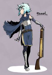 Rule 34 | 1girl, arm at side, armor, armored boots, belt, black thighhighs, blue cape, blue dress, blue gloves, blue hair, blush, boots, breastplate, cape, character name, dress, elbow gloves, fingerless gloves, full body, gloves, goggles, goggles on head, gun, hachimitsucoffee, hair between eyes, looking to the side, profile, rifle, rosel (sennen sensou aigis), sennen sensou aigis, short hair, side slit, solo, standing, thighhighs, torn cape, torn clothes, weapon
