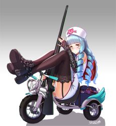 Rule 34 | 1girl, aqua hair, artist name, ass, bags under eyes, between legs, black thighhighs, blue hair, boots, breasts, closed mouth, drill hair, feet, female focus, fingerless gloves, full body, garter straps, gloves, gun, hat, highres, holding, holding weapon, legs, legs up, looking at viewer, motor vehicle, motorcycle, nanahime, nurse cap, original, panties, pantyshot, pink eyes, shadow, simple background, sitting, solo, thighhighs, thighs, underwear, weapon, wheel, white background, white panties