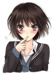 Rule 34 | 1girl, amagami, black hair, blazer, blush, finger to mouth, heart, mizunomoto, nanasaki ai, school uniform, short hair, solo