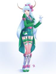 Rule 34 | 1girl, alternate costume, blue hair, blush, boots, bow, breasts, brown eyes, cross-laced footwear, david hrusa, ex-keine, footwear bow, formal, full body, gloves, hair bow, hair bun, high heel boots, high heels, horns, kamishirasawa keine, lace-up boots, long hair, looking at viewer, looking to the side, medium breasts, necktie, open mouth, pencil skirt, shoes, single hair bun, skirt, smile, solo, standing, suit, sukusuku hakutaku, thighhighs, touhou, white footwear