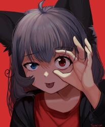 Rule 34 | 1girl, animal ears, cat ears, heterochromia, highres, long sleeves, looking at viewer, ok sign, ok sign over eye, original, portrait, simple background, solo, tongue, tongue out, yumich