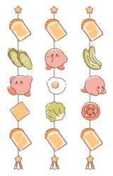 Rule 34 | avocado slice, blush, bread, bread slice, cheese, closed mouth, cucumber, cucumber slice, egg (food), food, full body, kirby, kirby (series), lettuce, multiple views, nintendo, no humans, open mouth, satsumapotato, simple background, smile, toast, tomato, tomato slice, white background