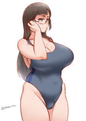 Rule 34 | 1girl, blaccura, black eyes, breasts, brown hair, cleavage, competition swimsuit, glasses, huge breasts, long hair, mole, mole on breast, navel, one-piece swimsuit, original, plump, simple background, solo, swimsuit, thighs, twitter username, white background
