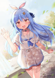 Rule 34 | 1girl, :d, absurdres, blue hair, blurry, blurry foreground, carrot hair ornament, collar, dorianpanda, food-themed hair ornament, hair ornament, highres, hololive, leaf, long hair, looking at viewer, open mouth, outdoors, rabbit-shaped pupils, red eyes, shirt, short eyebrows, short sleeves, skirt, smile, solo, standing, symbol-shaped pupils, tree, usada pekora, usada pekora (casual), virtual youtuber, white shirt, white skirt