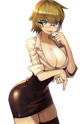 Rule 34 | 1girl, black thighhighs, blue eyes, breasts, brown hair, cleavage, glasses, hand to own mouth, large breasts, leaning forward, miniskirt, original, pencil skirt, short hair, skirt, sleeves rolled up, smile, solo, sookmo, thighhighs