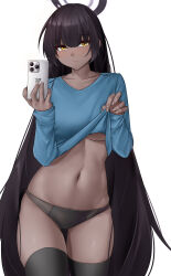 Rule 34 | absurdres, alternate costume, black hair, black halo, black panties, black thighhighs, blue archive, blue shirt, breasts, casperrin, closed mouth, clothes lift, collarbone, commentary, cowboy shot, dark-skinned female, dark skin, halo, hand up, highres, holding, holding phone, karin (blue archive), large breasts, lifted by self, light smile, long hair, long sleeves, looking at viewer, midriff, navel, panties, phone, selfie, shirt, shirt lift, simple background, solo, stomach, thighhighs, underboob, underwear, very dark skin, very long hair, white background, yellow eyes