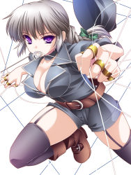 Rule 34 | 1girl, belt, black thighhighs, boots, braid, breasts, cleavage, garter belt, grey hair, highres, jewelry, large breasts, monety, mouth hold, purple eyes, ring, short shorts, shorts, string, string pull, thighhighs