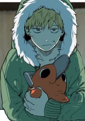 Rule 34 | 1boy, bithmath, blonde hair, chainsaw, chainsaw man, coat, collarbone, denji (chainsaw man), dirty face, dog, frown, fur trim, green coat, green jacket, highres, hood, hood up, jacket, long sleeves, looking at viewer, pochita (chainsaw man), short hair, sleeves past elbows, smile, solo, winter clothes, winter coat, yellow eyes