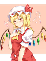 Rule 34 | 1girl, ascot, blonde hair, blush, bow, closed mouth, commentary request, flandre scarlet, hand on own chest, hat, hat bow, highres, looking at viewer, mob cap, multicolored background, nagomian, pout, puff of air, red bow, red eyes, short hair with long locks, short sleeves, side ponytail, solo, tears, touhou, two-tone background, white hat