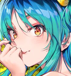 Rule 34 | 1girl, black cola, blue hair, blush, brown eyes, close-up, closed mouth, green hair, hand up, highres, horns, long hair, looking at viewer, lum, portrait, solo, thick eyebrows, tongue, tongue out, urusei yatsura