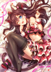 Rule 34 | 1girl, :3, ;3, ;d, ahoge, animal ears, bare shoulders, black thighhighs, blue eyes, blush, bow, breasts, brown hair, cat ears, cat tail, cleavage, earrings, hair bow, ichinose shiki, idolmaster, idolmaster cinderella girls, jewelry, kemonomimi mode, lace, lace-trimmed legwear, lace trim, long hair, looking at viewer, lying, medium breasts, midriff, mika (1020mk), navel, necklace, no shoes, on side, one eye closed, open mouth, paw pose, pearl necklace, petals, ribbon, skirt, smile, solo, tail, thighhighs, two side up, wavy hair, wrist cuffs