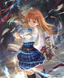 Rule 34 | 1girl, blonde hair, book, closed mouth, company name, copyright notice, cowboy shot, dress, floating hair, frilled dress, frills, green eyes, high collar, long hair, looking at viewer, magic, official art, ponzu (catponz), shadowverse, shirt, skirt, solo, standing, thighhighs