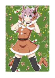 Rule 34 | 1girl, ahoge, alternate costume, animal ears, aoba (kancolle), black thighhighs, blue eyes, boots, brown capelet, brown dress, brown footwear, candy, candy cane, capelet, deer ears, dress, fake animal ears, fake horns, food, full body, fur-trimmed boots, fur-trimmed capelet, fur trim, gingerbread man, green background, horns, kantai collection, messy hair, oyu (aoba 0054), ponytail, purple hair, scrunchie, short hair, solo, thighhighs
