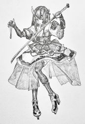Rule 34 | 1girl, absurdres, ear piercing, earrings, frilled sleeves, frills, full body, greyscale, high heels, highres, holding, holding sword, holding weapon, horns, jewelry, layered sleeves, long sleeves, looking at viewer, mashimashi, monochrome, original, piercing, pleated skirt, puffy sleeves, sash, short over long sleeves, short sleeves, simple background, skirt, solo, sword, thighhighs, traditional media, weapon, white background, wide sleeves, zettai ryouiki