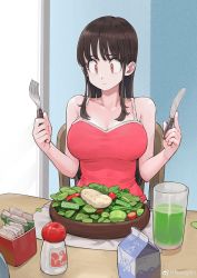 Rule 34 | 1girl, absurdres, artist name, bare arms, bare shoulders, big sister (navigavi), bread, breasts, brown eyes, brown hair, camisole, chair, cleavage, closed mouth, collarbone, commentary, cup, drink, food, fork, frown, furrowed brow, hair behind ear, highres, holding, holding fork, holding knife, indoors, jun (navigavi), knife, large breasts, long hair, looking at food, looking down, medium breasts, milk carton, napkin, orange eyes, original, pink shirt, red camisole, sad, salad, salad bowl, salt shaker, shirt, sidelocks, signature, sitting, sleeveless, sleeveless shirt, solo, straight hair, swept bangs, table, tareme, tomato, upper body, weibo logo, weibo watermark