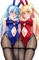Rule 34 | 2girls, angry, animal ears, arms behind back, bare shoulders, blonde hair, blue hair, blue leotard, blush, breasts, brown pantyhose, clothing cutout, cowboy shot, double bun, embarrassed, fake animal ears, from below, green eyes, hair bun, highres, hololive, large breasts, leotard, long hair, momosuzu nene, multiple girls, navel, navel cutout, nootomo, open mouth, pantyhose, playboy bunny, pointy ears, rabbit ears, red leotard, simple background, standing, thighlet, virtual youtuber, wavy mouth, white background, yellow eyes, yukihana lamy
