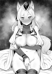 Rule 34 | 1girl, absurdres, animal ear fluff, animal ears, arknights, blush, breasts, closed mouth, commentary request, covering privates, covering crotch, godharo1, greyscale, highres, horse ears, horse girl, horse tail, large breasts, long sleeves, looking at viewer, medium hair, monochrome, navel, nipples, sitting, solo, sweat, tail, thighhighs, turtleneck, whislash (arknights)
