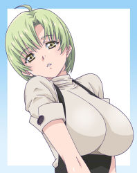Rule 34 | 1girl, ahoge, amano yo-ki, breasts, green eyes, green hair, impossible clothes, impossible shirt, large breasts, original, parted lips, shirt, short hair, solo, suspenders, turtleneck, upper body