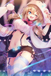 Rule 34 | 1girl, ;d, alternate costume, animal hood, argyle, argyle clothes, argyle cutout, bad id, bad pixiv id, bare shoulders, black shorts, blue eyes, blue thighhighs, bow, bowtie, brown hair, clothing cutout, crop top, floating hair, frills, garter straps, hand up, highres, holding, holding microphone, hood, idol, long hair, looking at viewer, mashiro kuma, mashiro kuma channel, microphone, midriff, navel, nekomugiharu, one eye closed, open mouth, pink bow, pink bowtie, pixelated, shirt, short shorts, shorts, side cutout, sleeveless, sleeveless shirt, smile, solo, stage lights, striped clothes, striped thighhighs, suspenders, thighhighs, virtual youtuber, white shirt, wrist cuffs