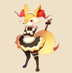 Rule 34 | 1girl, absurdres, animal ears, animal hands, annoyed, apron, black bow, blush, bow, braixen, brown background, creatures (company), crossed arms, embarrassed, fox ears, fox tail, frown, full body, furry, furry female, game freak, gen 6 pokemon, highres, long sleeves, looking at viewer, maid, maid apron, maid headdress, nintendo, pokemon, pokemon (creature), pokemon sm, pout, red eyes, ropang, simple background, solo, standing, stick, tail, text focus, twitter username