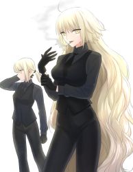 Rule 34 | 2girls, adjusting clothes, adjusting gloves, ahoge, alternate costume, artoria pendragon (all), artoria pendragon (fate), black gloves, black necktie, black pants, black shirt, black vest, blonde hair, breasts, cigarette, collared shirt, commentary request, cosplay, fate/grand order, fate/stay night, fate/zero, fate (series), gloves, highres, jeanne d&#039;arc (fate), jeanne d&#039;arc (ruler) (fate), jeanne d&#039;arc alter (avenger) (fate), jeanne d&#039;arc alter (fate), long hair, long sleeves, looking at viewer, low ponytail, medium breasts, multiple girls, necktie, nipi27, pants, ruler (fate/grand order), saber (fate), saber (fate) (cosplay), saber alter, shirt, smile, smoking, tsurime, very long hair, vest, white background, yellow eyes