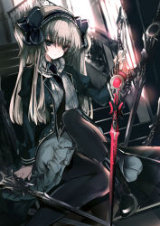 Rule 34 | 1girl, bad id, bad pixiv id, black pantyhose, cierra (ra-bit), gothic lolita, grey eyes, hairband, lolita fashion, lolita hairband, long hair, looking at viewer, original, pantyhose, revision, silver hair, sitting, solo, stairs, sword, two side up, weapon