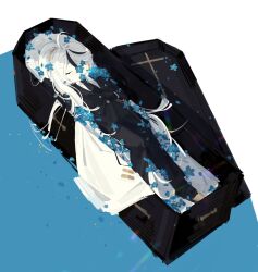 Rule 34 | 1boy, black jacket, black necktie, black pants, blue flower, cape, closed eyes, closed mouth, coffin, collared shirt, flower, highres, jacket, library of ruina, long hair, long sleeves, lying, male focus, meijiichigo, multicolored hair, necktie, on back, pants, project moon, shirt, side ponytail, solo, streaked hair, very long hair, white cape, white hair, white shirt, yan vismok