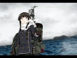 Rule 34 | 1girl, :o, alternate costume, any (lucky denver mint), black border, black hair, blunt bangs, blush, border, braid, breath, brown gloves, cloud, cloudy sky, gloves, grey eyes, hair tie, island, jacket, kantai collection, kitakami (kancolle), letterboxed, long hair, long sleeves, machinery, ocean, open mouth, outdoors, outstretched hand, pleated skirt, rigging, scarf, sidelocks, single braid, skirt, sky, snow, solo, standing, steam, torpedo launcher, torpedo tubes, water, white scarf, winter clothes