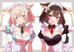Rule 34 | 2girls, animal ear fluff, animal ears, apron, between breasts, black necktie, blush, border, breasts, brown hair, cleavage, closed mouth, commentary request, detached collar, dress, frilled apron, frilled dress, frills, green eyes, grey border, hair between eyes, hand on own ear, highres, looking at viewer, maid, maid apron, maid day, maid headdress, medium breasts, mis705313, multiple girls, necktie, open mouth, original, pink eyes, puffy short sleeves, puffy sleeves, red necktie, short hair, short sleeves, simple background, thick eyebrows, white background
