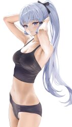 Rule 34 | 1girl, absurdres, alternate costume, armpits, arms behind head, ayaka (genshin impact), bare arms, bare shoulders, black bow, black camisole, black panties, blue eyes, blue hair, blush, bow, breasts, camisole, cleavage, closed mouth, cowboy shot, genshin impact, hair bow, high ponytail, highres, light blue hair, looking at viewer, lunacle, medium breasts, midriff, navel, panties, ponytail, sidelocks, simple background, solo, stomach, underwear, white background