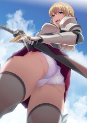 Rule 34 | 1girl, 40hara, angry, armor, ass, blonde hair, blue eyes, braid, breastplate, breasts, commentary request, day, disgust, from below, gauntlets, highres, knight, large breasts, looking at viewer, open mouth, original, panties, red skirt, sheath, skirt, sky, solo, sword, teeth, thighhighs, underwear, unsheathing, weapon, white panties
