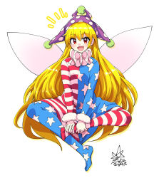 Rule 34 | 1girl, :d, american flag dress, american flag legwear, blonde hair, clownpiece, commentary request, dress, fairy wings, full body, hat, highres, indian style, jester cap, long hair, long sleeves, looking at viewer, neck ruff, open mouth, pantyhose, partial commentary, polka dot headwear, purple hat, red eyes, signature, simple background, sitting, smile, solo, star (symbol), star print, striped clothes, striped dress, striped pantyhose, touhou, umigarasu (kitsune1963), very long hair, white background, wings