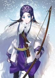 Rule 34 | 10s, 1girl, ainu clothes, asirpa, black hair, black pants, blue eyes, bow (weapon), cape, dress, earrings, floating hair, golden kamuy, hat, highres, holding, holding bow (weapon), holding weapon, hoop earrings, jewelry, kayanogura, long hair, looking at viewer, pants, purple dress, short dress, smile, snowing, solo, standing, weapon, white cape