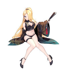 Rule 34 | 1girl, bare legs, bare shoulders, black footwear, black hakama, black shirt, blonde hair, blue eyes, breasts, cleavage, cleavage cutout, clothing cutout, earrings, folding fan, full body, hair over one eye, hakama, hakama skirt, hand fan, high heels, highres, holding, invisible chair, japanese clothes, jewelry, large breasts, long hair, looking at viewer, midriff, navel, off shoulder, open clothes, open mouth, original, ponytail, shirt, simple background, sitting, siun, skirt, sleeveless, sleeveless shirt, solo, stomach, thigh strap, thighs, torn clothes, torn shirt, very long hair, white background