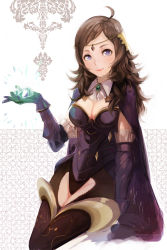 Rule 34 | 1girl, ahoge, alternate costume, alternate hair color, armor, asymmetrical bangs, bodysuit, breasts, brooch, brown hair, bynomeans, cape, cleavage, clothing cutout, corrin (female) (fire emblem), corrin (fire emblem), cowboy shot, fire emblem, fire emblem fates, gauntlets, gloves, hair ornament, highres, jewelry, lips, long hair, looking at viewer, medium breasts, nintendo, ophelia (fire emblem), purple eyes, purple gloves, smile, solo, thigh cutout, thighs