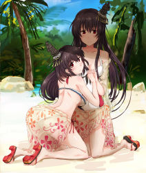 Rule 34 | 10s, 2girls, absurdres, ass, beach, bikini, black hair, blurry, breasts, clogs, covered navel, day, depth of field, floral print, forest, frown, fusou (kancolle), hair between eyes, hair ornament, highres, holding hands, interlocked fingers, kantai collection, kneeling, large breasts, leaning forward, long hair, looking at viewer, looking back, midriff, multicolored clothes, multicolored swimsuit, multiple girls, nature, one-piece swimsuit, palm tree, red eyes, rock, sandals, sarong, see-through, short hair, sketch, smile, swimsuit, thighs, tree, white bikini, white one-piece swimsuit, yamashiro (kancolle), yinzhai
