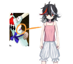 Rule 34 | 1girl, adapted costume, black hair, bloomers, camisole, clenched hands, commentary request, demon horns, feet out of frame, flat chest, frown, hair between eyes, horns, jitome, kijin seija, looking at viewer, medium hair, messy hair, mochino wip, multicolored hair, official art inset, pink camisole, puff of air, red eyes, simple background, solo, straight-on, streaked hair, touhou, underwear, white background