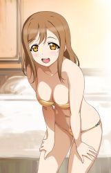 Rule 34 | 10s, 1girl, :d, a1 (initial-g), bandeau, bare shoulders, bed, bedroom, bikini, blush, breasts, brown eyes, brown hair, cleavage, cowboy shot, hands on own thighs, indoors, kunikida hanamaru, leaning forward, long hair, looking at viewer, love live!, love live! sunshine!!, medium breasts, medium hair, navel, open mouth, smile, solo, standing, strapless, strapless bikini, swimsuit, yellow bikini