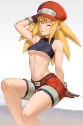 Rule 34 | 1girl, bike shorts, bike shorts under shorts, blonde hair, breasts, brown gloves, cabbie hat, capcom, cheshirrr, gloves, green eyes, hat, highres, leather belt, looking at viewer, medium breasts, mega man (series), mega man legends (series), navel, one eye closed, open mouth, red hat, red shorts, roll caskett (mega man), shorts, simple background, sitting, solo, spandex, sweat, underboob