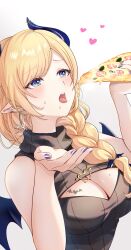 Rule 34 | absurdres, bare shoulders, blonde hair, blue eyes, blush, braid, breasts, cleavage, cleavage cutout, clothing cutout, demon girl, demon horns, demon wings, dress, eating, food, heart, highres, holding, holding food, holding pizza, hololive, horns, kudoukudokudo, large breasts, looking up, pizza, pointy ears, simple background, sleeveless, sleeveless dress, sleeveless sweater, sweater, sweater dress, tongue, tongue out, upper body, virtual youtuber, white background, wings, yuzuki choco, yuzuki choco (streetwear)