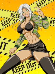 Rule 34 | &gt;:o, 1girl, :o, abs, angry, bikini, bikini top only, black bikini, black panties, black skirt, black thighhighs, blue eyes, blush, breasts, cameltoe, camouflage, caution tape, cleavage, clenched hand, covered erect nipples, cropped jacket, dark-skinned female, dark skin, english text, fighting stance, fingerless gloves, gloves, gradient background, haigo7, hand up, jacket, keep out, large breasts, long hair, long sleeves, looking at viewer, miniskirt, muscular, muscular female, navel, open clothes, open jacket, open mouth, orange background, panties, pantyshot, pencil skirt, caution tape, shiny skin, sideboob, silver hair, skirt, solo, spread legs, standing, star (symbol), starry background, strap gap, swimsuit, thick thighs, thighhighs, thighs, underwear, v-shaped eyebrows, vanessa lewis, virtua fighter, yellow background, zettai ryouiki