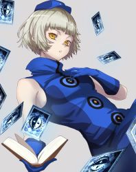 Rule 34 | 1girl, bare shoulders, blue dress, blue gloves, blue hat, book, breasts, cowboy shot, cut bangs, dress, elizabeth (persona), from below, gloves, hand on own chest, hat, highres, holding, holding book, looking at viewer, parted lips, persona, persona 3, s-m-53413, short hair, small breasts, solo, tarot, yellow eyes