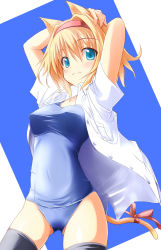 Rule 34 | 1girl, alice margatroid, animal ears, arms behind head, blonde hair, blue eyes, breasts, cat ears, cat girl, cat tail, dress shirt, female focus, hairband, kemonomimi mode, nirap, one-piece swimsuit, open clothes, open shirt, school swimsuit, shirt, short hair, simple background, solo, swimsuit, swimsuit under clothes, tail, thighhighs, touhou