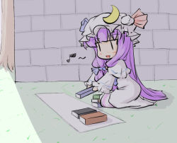 Rule 34 | 1girl, :d, bad id, bad pixiv id, book, bow, brick wall, chibi, crescent, female focus, grass, hair bow, hat, hat bow, holding, kneeling, long hair, musical note, natsuki (silent selena), open mouth, patchouli knowledge, purple hair, smile, solo, touhou, | |
